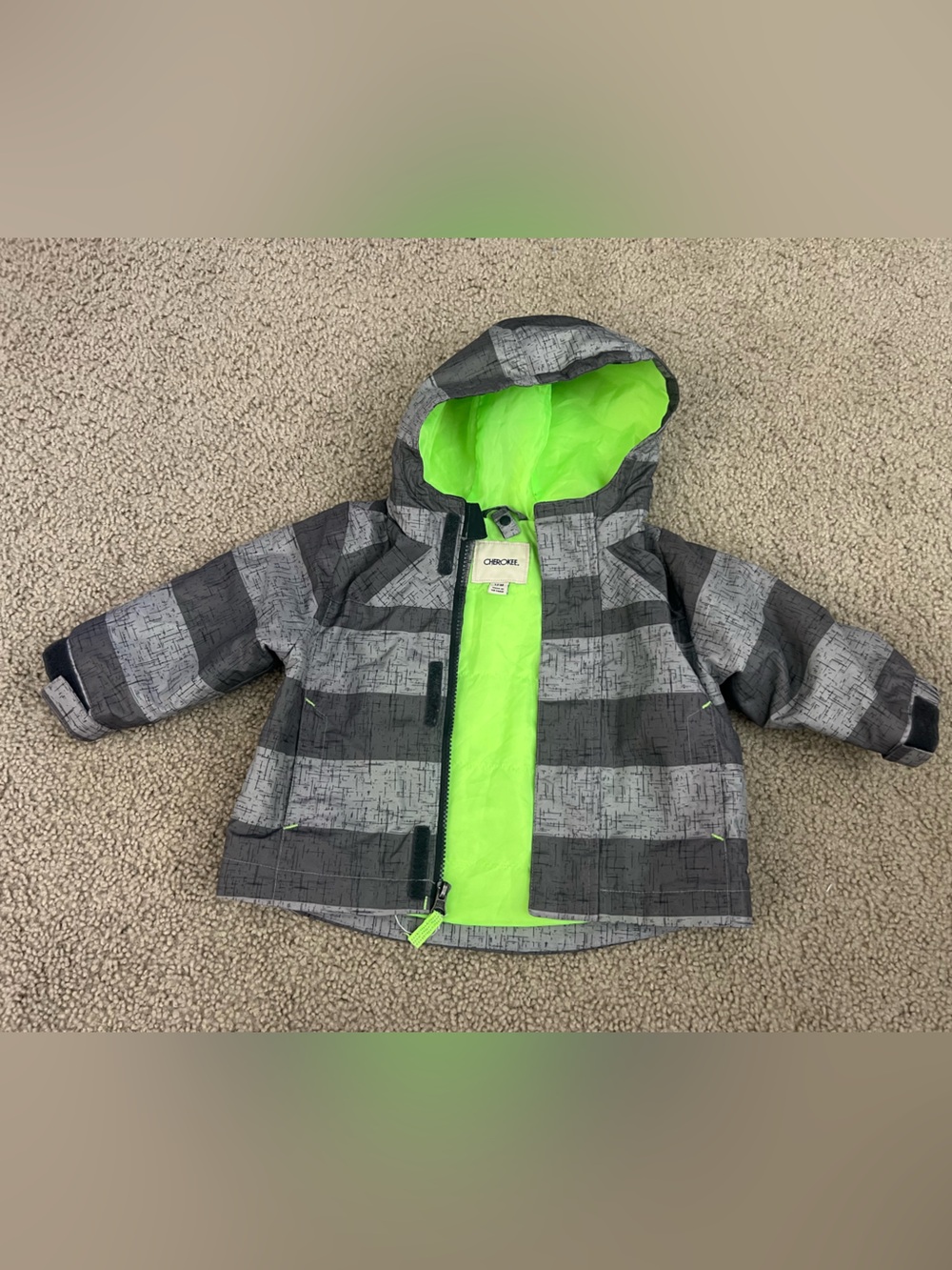 Cherokee Gray Striped Puffer Jacket with Neon Green Lining